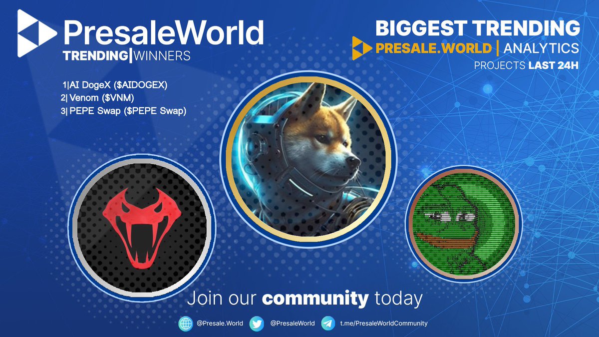 Trending on Presale.World!

1. AI DogeX • <a href="/aidogex_/">AI DogeX ⚛️🐶🚀</a>
2. Venom • @VenomCryptoVNM
3. PEPE Swap • @Pepe__SWAP
4. PEPE BULLISH • <a href="/PEPE_Bullish/">PEPE BULLISH</a>
5. Baby Yoda • @Baby_Yoda_ETH

See all the top trending presales from across the market at presale.world

#crypto