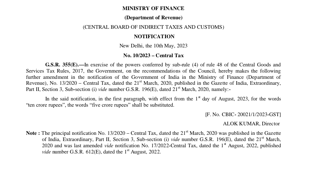 NileshUjjainkar's tweet image. GST Update

E-invoice limit reduced from 10 crore to 5 crore w.e.f. August 01, 2023

Notification No. 10/2023 – Central Tax dated May 10, 2023

#gst #gstupdate #gstnotification #E_invoice #taxguidenilesh #nileshujjainkar @Taxguidenilesh