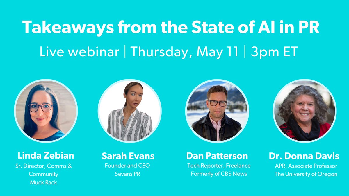 📢Webinar Alert📢 Join us this Thursday at 3pm ET for our State of AI in PR webinar joined by <a href="/lindazebian/">Linda Zebian</a>, <a href="/DanPatterson/">Dan Patterson</a>, <a href="/dzdavis/">Donna Z. Davis</a> and <a href="/prsarahevans/">Sarah Evans 7️⃣7️⃣7️⃣</a>. There’s still ⏲️ to sign-up for the webinar and download the full report: info.muckrack.com/state-of-ai-pr…