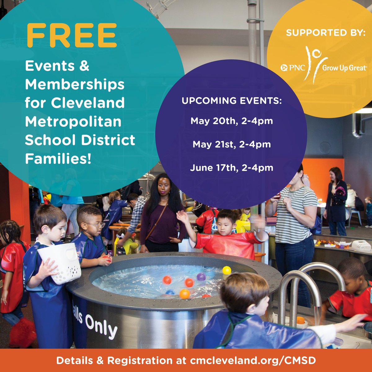 With support from PNC Grow Up Great, CMC welcomes families from <a href="/CLEMetroSchools/">Cleveland Metropolitan School District</a> schools for FREE play sessions!  

Families who attend the events also receive a FREE CMC Membership, providing unlimited visits for one year.

Details &amp; registration at cmcleveland.org/cmsd/