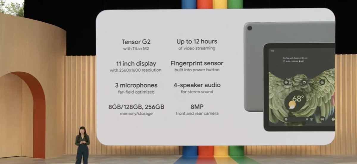 mysmartprice's tweet image. Google #PixelTablet launched:

👉 11-inch IPS LCD display
👉 Quad speakers, 3 mics
👉 18W charging 
👉 Tensor G2 SoC
👉 Titan M2 chip
👉 8MP front camera
👉 8MP rear camera
👉 Wi-Fi 6, Dual-band Wi-Fi
👉 Fingerprint sensor
👉 Voice typing
👉 Built-in Chromecast

Starts at $499