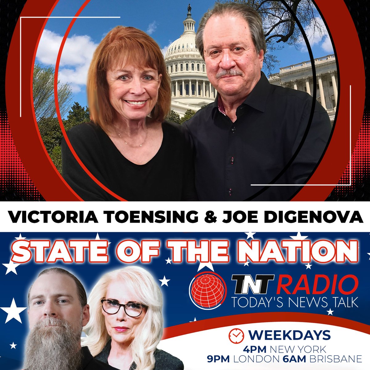 LynnShawProd's tweet photo. A must-listen. Attorneys #VictoriaToensing &amp; #JoeDiGenova "break IT down" on State of the Nation🇺🇸 @tntradiolive 4-6PM ET along with our lineup #SteveHook @rosilicie #EricSwanson #RodneyScott @ithompsonfdn with @HesherMedia @lynns_warriors  https://t.co/rBUB8H1eGS #24hournewstalk https://t.co/QesUphoJkL