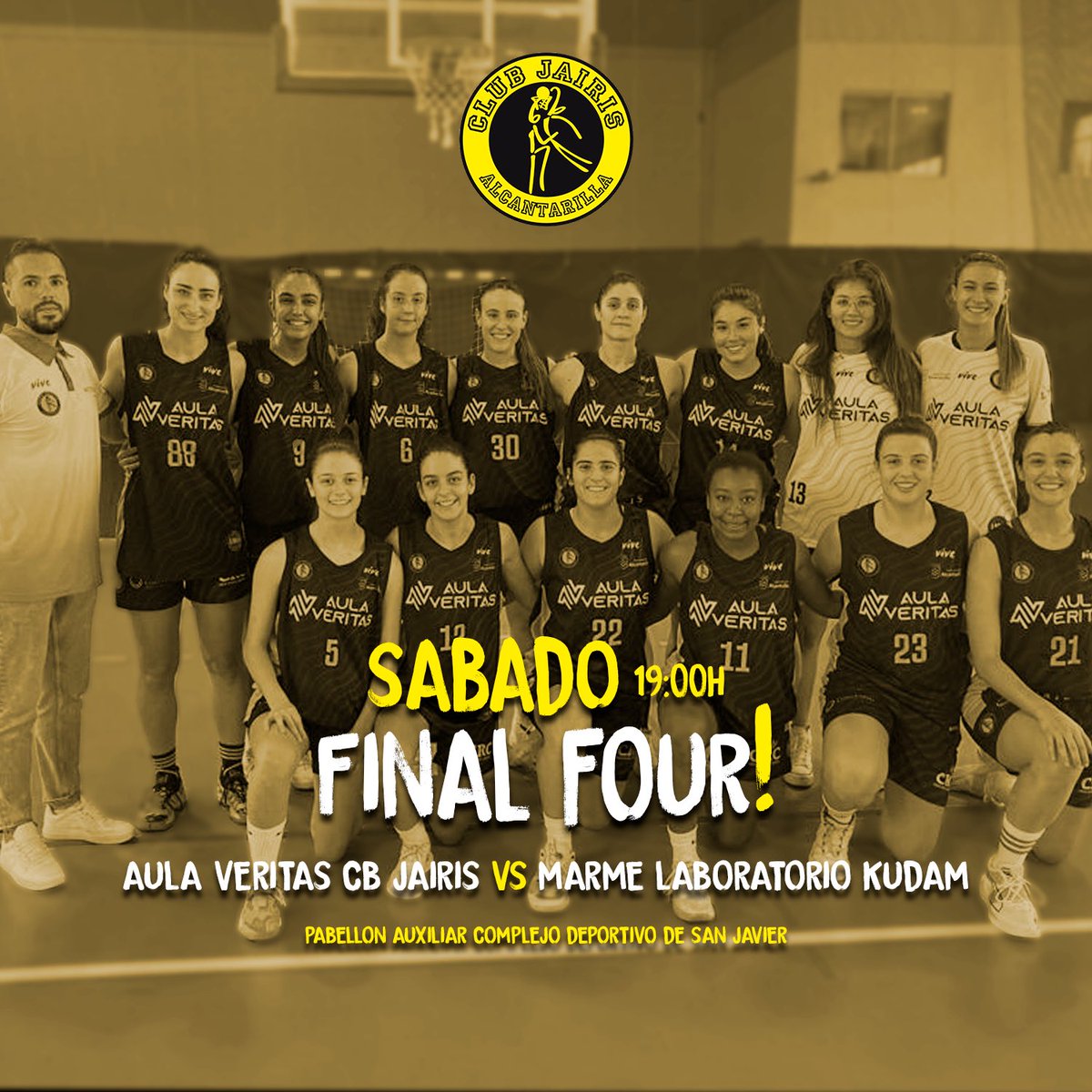 CBJairis's tweet photo. ⚫️🟡 𝗙𝗜𝗡𝗔𝗟 𝗙𝗢𝗨𝗥 🔜

¡Este fin de semana nuestro @AulaVeritas CB Jairis disputará la Final Four de Segunda División Femenina!

El primer partido será el sábado a las 19:00h contra @marmesanjavier 

#familiaJAIRIS
#somosCANTERA https://t.co/qV6MGoMzuS
