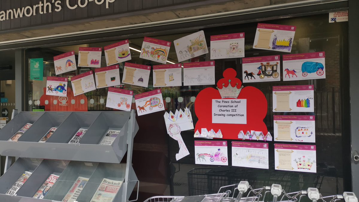 @coopuk  Hanworth. Our shop window is decorated with the wonderful  Coronation 'design a carriage competition ' entries from the children at @thepinesprimary . They were all so good we had to give everyone a prize. Well done to all the  children who took part.. #ItsWhatWeDo