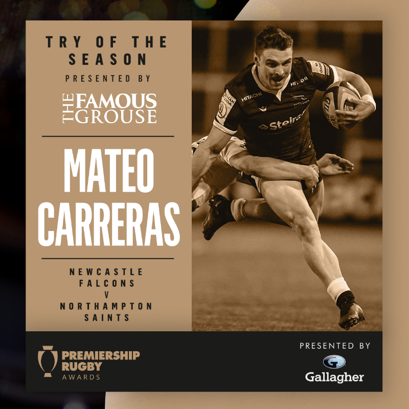 premrugby's tweet photo. Congratulations to @FalconsRugby's @mateocarreras_ who takes the crown for Try of the Season presented by @thefamousgrouse  👑

For his EPIC try v @SaintsRugby this season 🏉

See the full shortlist here  👇

#PremRugbyAwards