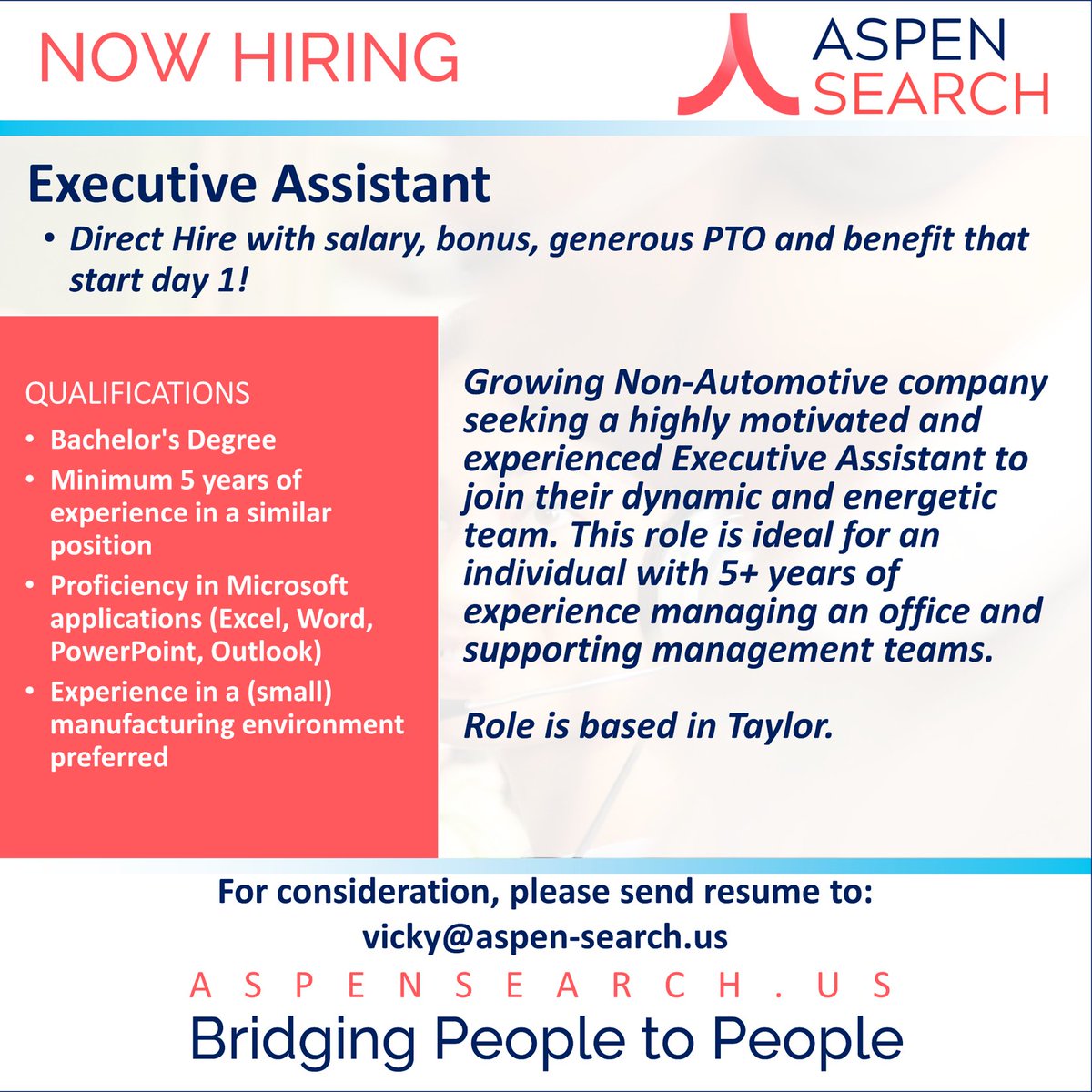 Check out this great #JobOpening for an Executive Assistant. Full Job Description: bit.ly/3NUori0 Contact vicky@aspen-search.us #aspensearch #people2people