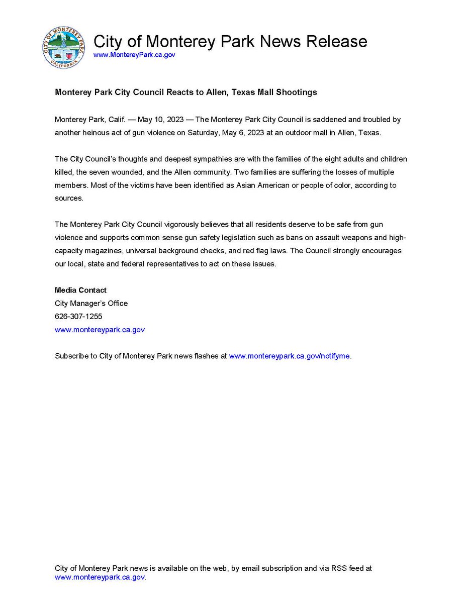 cityofmpk's tweet image. The City Council is saddened and troubled by another heinous act of gun violence on Saturday, May 6, 2023 at an outdoor mall in Allen, Texas. 

montereypark.ca.gov/CivicAlerts.as…

@CityofAllenTX #allenpolice #allenfire @MontereyParkPD @MontereyParkFD