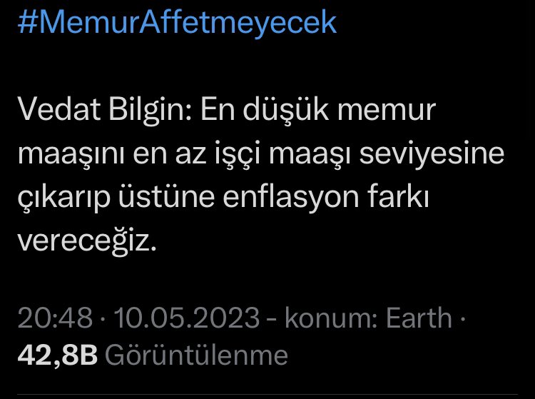 Vedat Bilgin: En düşük memur maaşını en az işçi maaşı seviyesine çıkarıp üstüne enflasyon farkı vereceğiz.
SAYIN BİLGİN 657 Lİ MEMURUN DEĞERİ İŞÇİ MAAŞINI %5-10 FAZLASI DEĞİLDİR. ÖZRÜNÜZ BİLE KABAHATINIZDAN BÜYÜK
#MemurAffetmeyecek 
#MemurAdaletİstiyor 
#MemuraEkZam