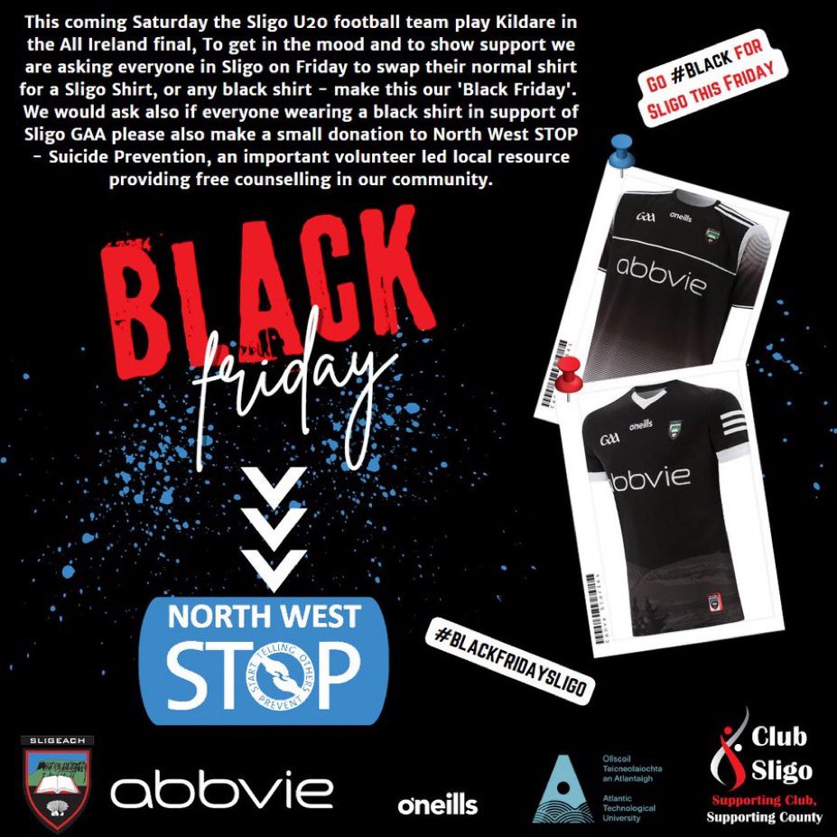 sligogaa's tweet photo. Looking forward to the weekend…? we are and so is Brian Byrne, vice captain of our U20 footballers who will play their All Ireland championship final on Saturday, in Cavan, 1.30 throw-in. Get behind the #MenInBlack and to get in the mood, why not join in with #BlackFridaySligo https://t.co/w6jMdSQkc3
