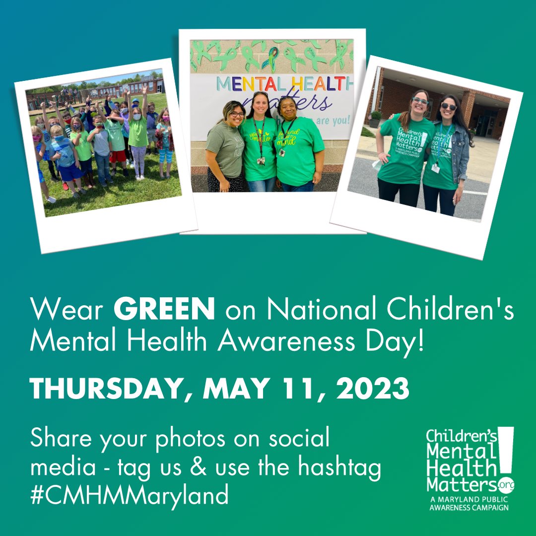 Tomorrow, Thursday, May 11, wear green to raise awareness for children’s mental health! 💚

Take a selfie and share on social media using the hashtag #CMHMMaryland and tag the Campaign, or email your photo to tthomas@mhamd.org