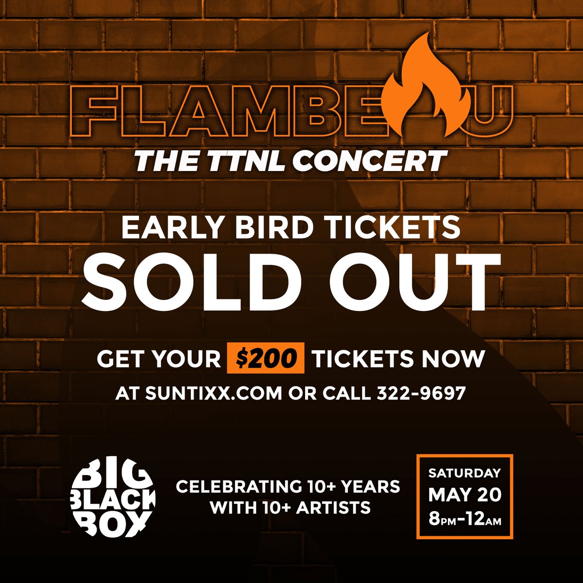 TrueTalkNoLie's tweet image. Early Bird Tickets SOLD OUT!

We're 10 days away from the ultimate celebration of local music and culture, Flambeau 🔥 

Get your tickets now via suntixx.com/event/true-tal… or call 322-9697

🗓️: Saturday, May 20th
🕗: 8:00pm
📍: Big Black Box
🎟: $200

#Flambeau #LocalMusic #TTNL
