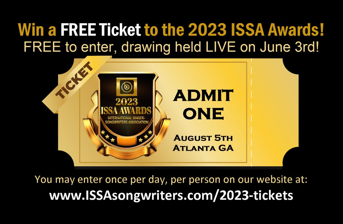 In case you missed the big surprise this morning, we are GIVING AWAY a FREE TICKET to the 2023 ISSA AWARDS in a drawing to be held on Saturday, June 3rd, LIVE! Enter once per day at ISSAsongwriters.com/2023-tickets  Good luck everyone!