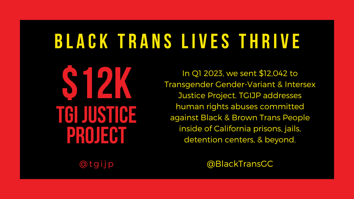 BlackTransGC's tweet photo. ๐$12,042K to @TGIJP in Q1! YOUR amplification saw us hit our quarterly goal and 12 new people join! #TGIJusticeProject received all Q1 2023 funds. The more we grow the bigger our grantee checks, so invite your fav relative to join us: https://t.co/8dNp33prE1 https://t.co/c5xSGmnjma