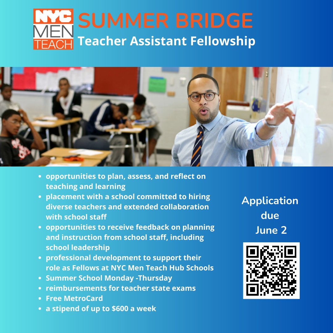 Calling all education majors and new college grads! You still have time to join to the NYC Men Teach Summer Bridge Teacher Assistant Fellowship! Apply today!