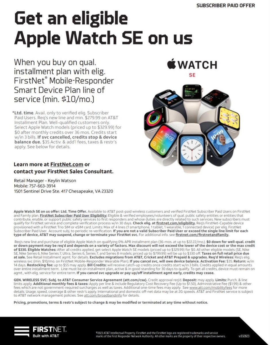 Calling all my First Responders. For a limited time only allow me to fix your wrist with a Apple Watch on me!!!  My contact info is in the flyer to schedule an appointment.  Act fast this weekend and I’ll waive your activation Fees!!! <a href="/ChesSheriffOff/">Chesapeake Sheriff's Office</a> <a href="/VBSO/">VB Sheriff's Office</a> <a href="/norfolk_sheriff/">Norfolk Sheriff's Office</a>