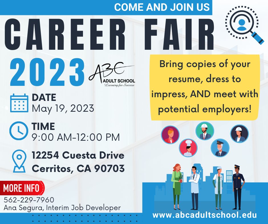 Get ready for #ABCAdultSchool's annual #CareerFair! Join us on Friday, May 19 at Cuesta campus. 
Connect with employers from a variety of industries!
.
#JobFair #healthcarejobs #childcarejobs #educationjobs #clericaljobs #maintenancejobs #transportationjobs #governmentjobs