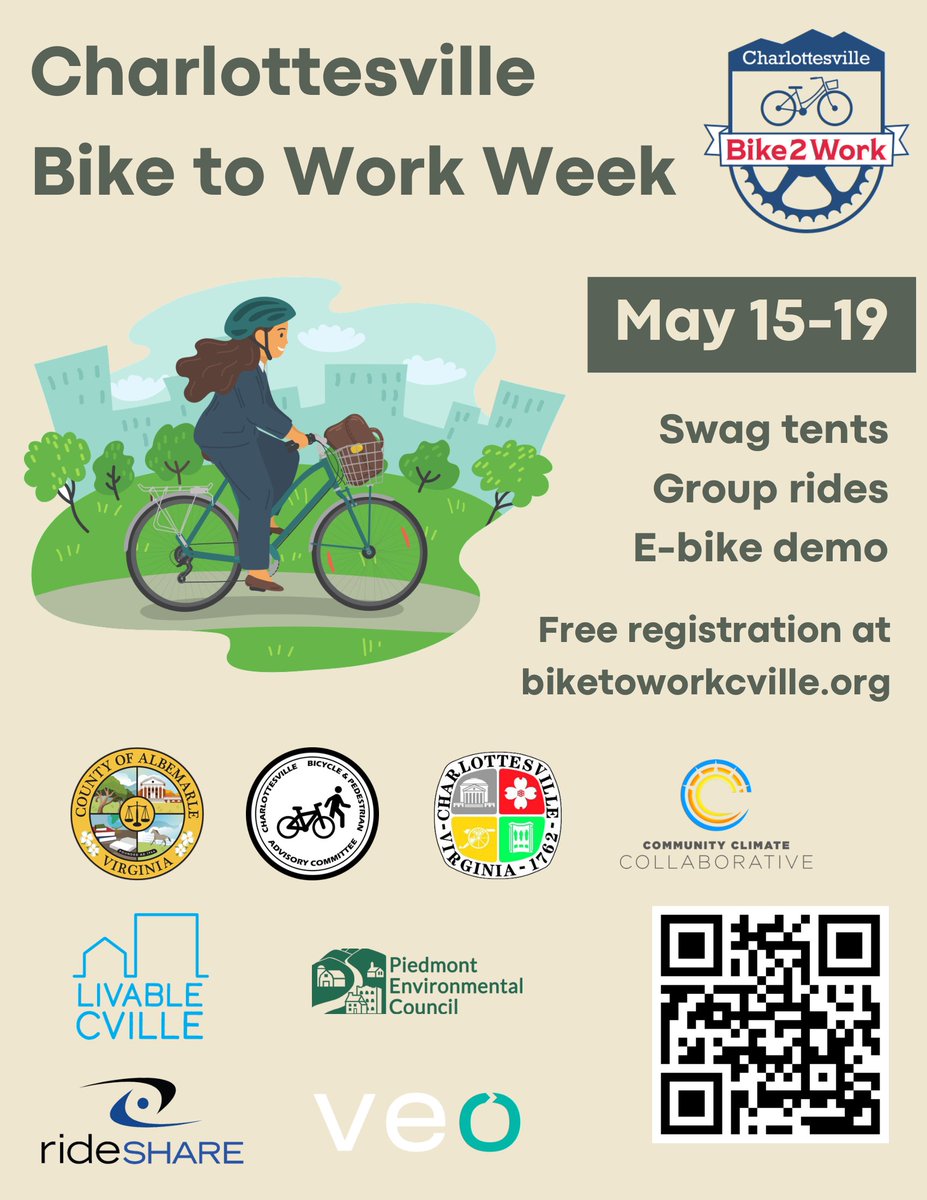 May 15-19 is Bike to Work Week in Charlottesville! Join us in taking a stand to reduce carbon emissions and choose a day (or two or three!) to bike to work next week 🚲

Details for events, demos and swag can be found at livablecville.org/bike-to-work