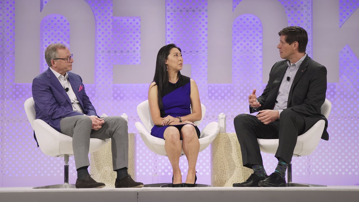 IBMwatsonx's tweet photo. RECAP: #Think2023 Sustainability Keynote – IBM's John Granger and Christina Shim take the stage to outline IBM’s sustainability framework, inviting @BMO and @NASA  to share how they leveraging data, #AI and foundation models to meet, measure and monitor #ESG initiatives. https://t.co/CwhGxavLHW