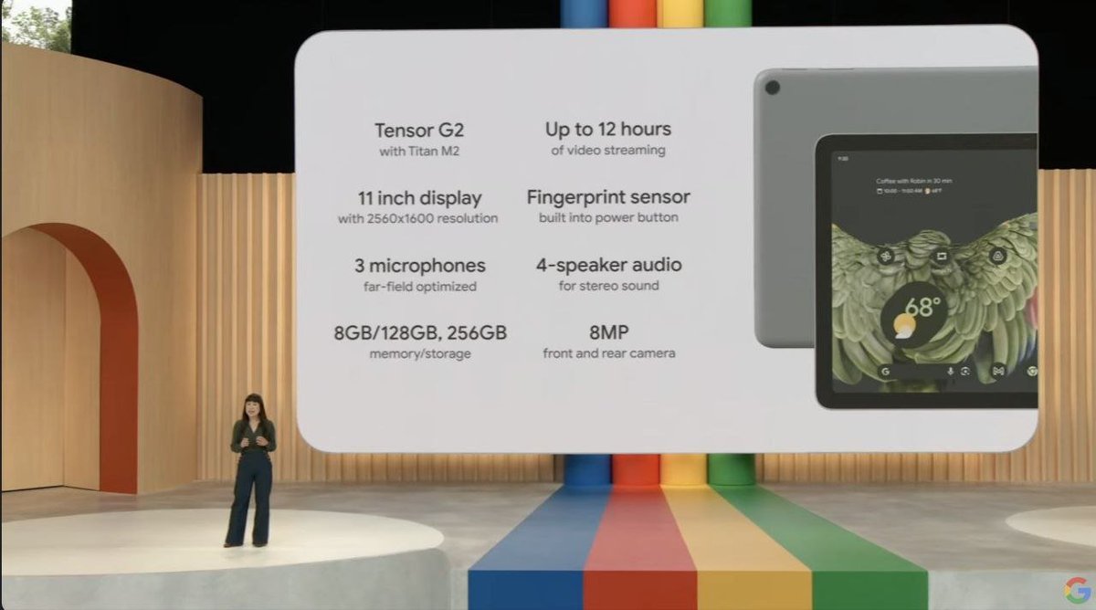 technomania0211's tweet image. #Google #PixelTablet starts $499
- Tensor G2 with Titan M2
- 11 inch display
- 2560×1699 resolution
- 3 microphone
- 8GB RAM
- 128GB/256GB storage
- 4 🔊
- Power Button Fingerprint
- 8MP front & rear camera
- Personal AI powered by #GoogleTensor G2
#GoogleIO #GoogleIO2023