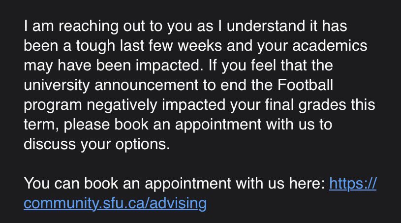 <a href="/SFU/">Simon Fraser University</a> @TheresaHansonAD <a href="/drjoyjohnson/">Joy Johnson</a> reaching out to students AFTER exams to provide support. Mental health advisor is no longer with the school either. #leadership