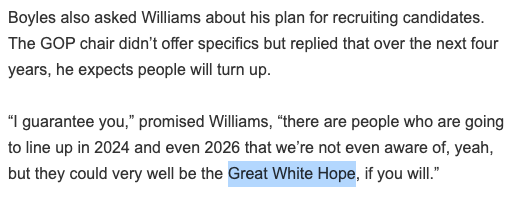 EthanBlack's tweet photo. I had to look up what "Great White Hope" meant. Turns out, it means exactly what you think it means. It's about white supremacy!

The head of the CO GOP is openly excited to recruit **white** candidates to challenge incumbent Black/POC legislators. #COPolitics https://t.co/rngyuVZ6AZ