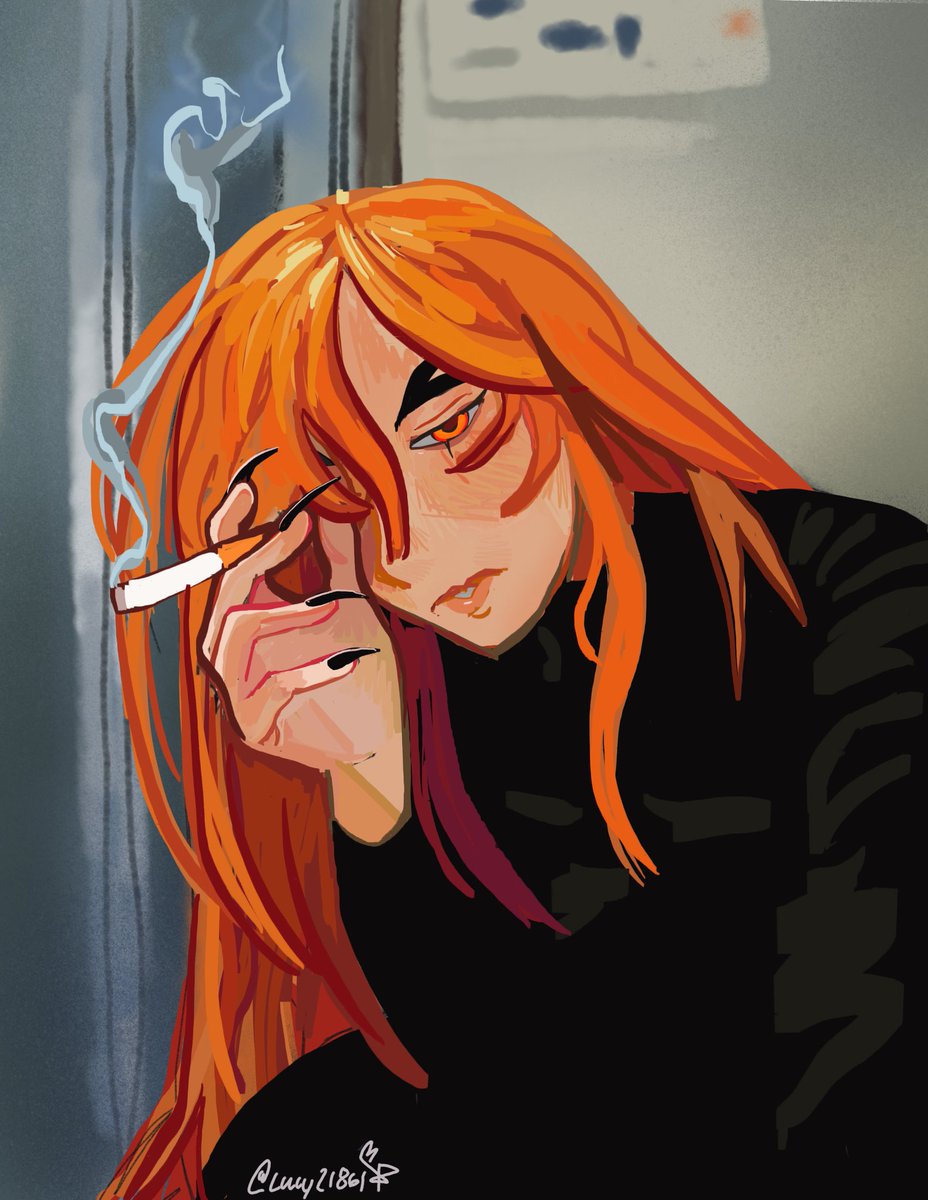 1girl cigarette solo long hair holding smoke orange hair  illustration images