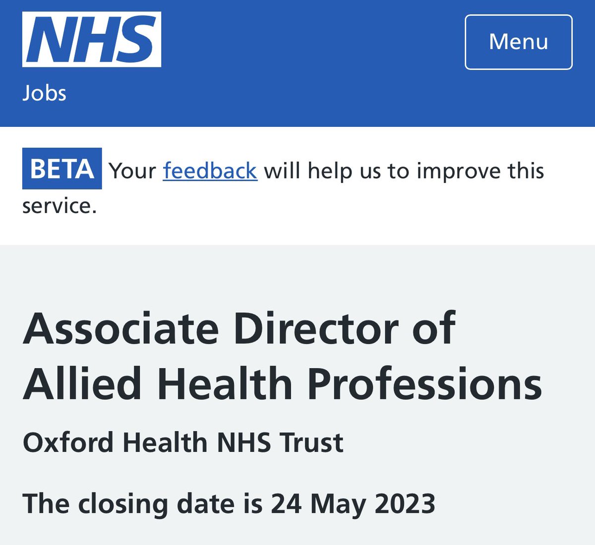 🚨#AHPLeadership opportunity

📑Assoc Director of #AHPs @OxfordHealthNHS 

📑AfC B8d, permanent, F/T

⏰Closes 24 May 2023

👀Details here👉 beta.jobs.nhs.uk/candidate/joba…

@WeAHPs
