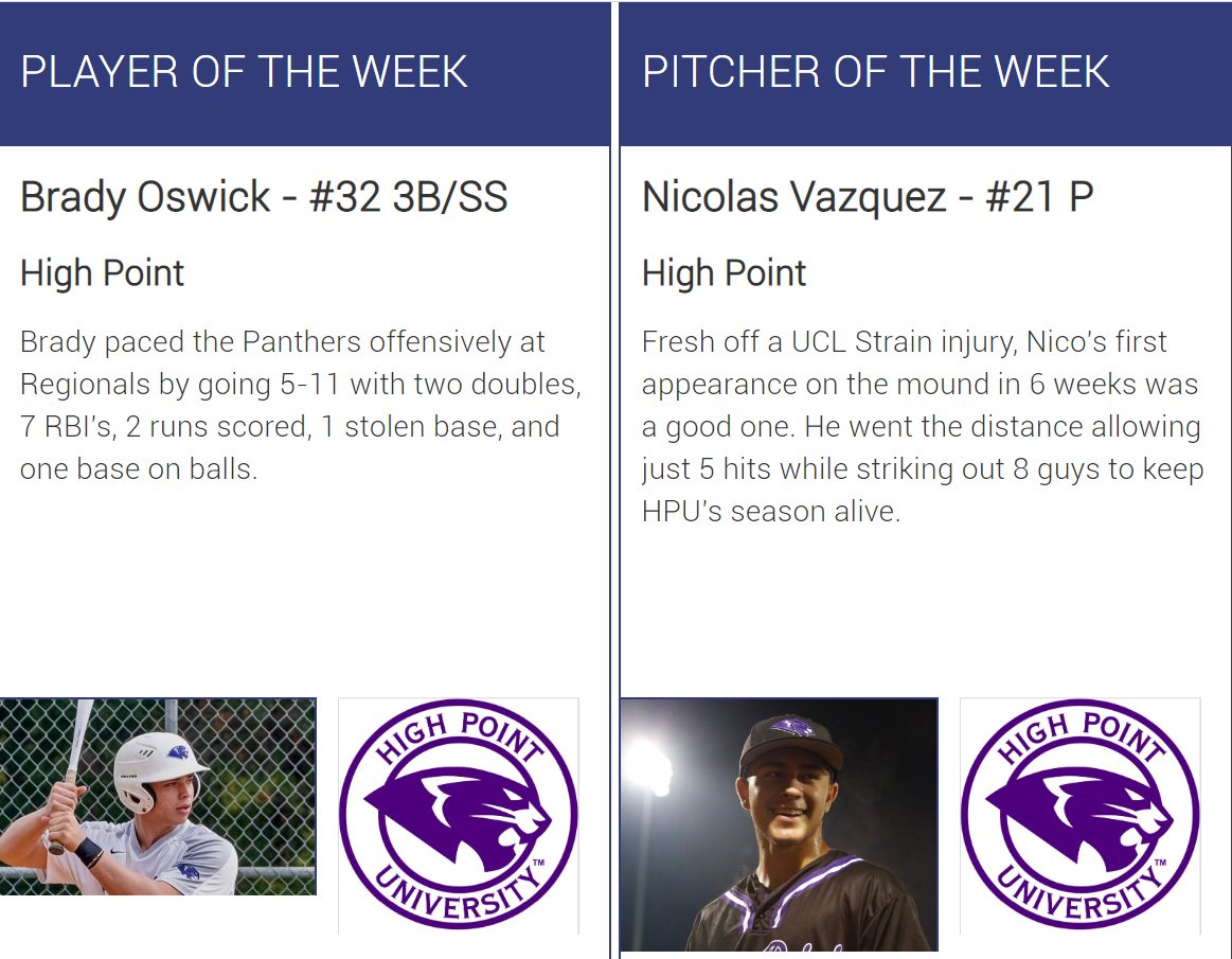 The_NCBA's tweet photo. Congratulations to Brady Oswick (High Point) &amp; Nicolas Vazquez (High Point) on earning Week 24 NCBA DII National Player &amp; Pitcher of the Week Honors!

@HPUClubBaseball 

https://t.co/n0b5bKyKBT https://t.co/KH4KE8ujeM