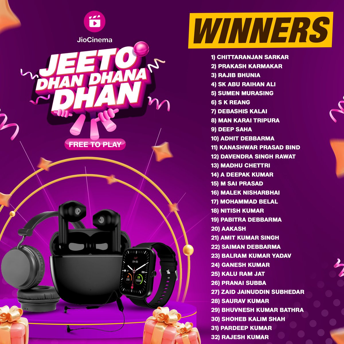Here are the  #JeetoDhanDhanaDhan winners from #SRHvKKR🥳

You can WIN BIG too! Answer simple questions every over and stand a chance to win exciting prizes 🎁

T&amp;Cs apply, 18+ only

#IPLonJioCinema