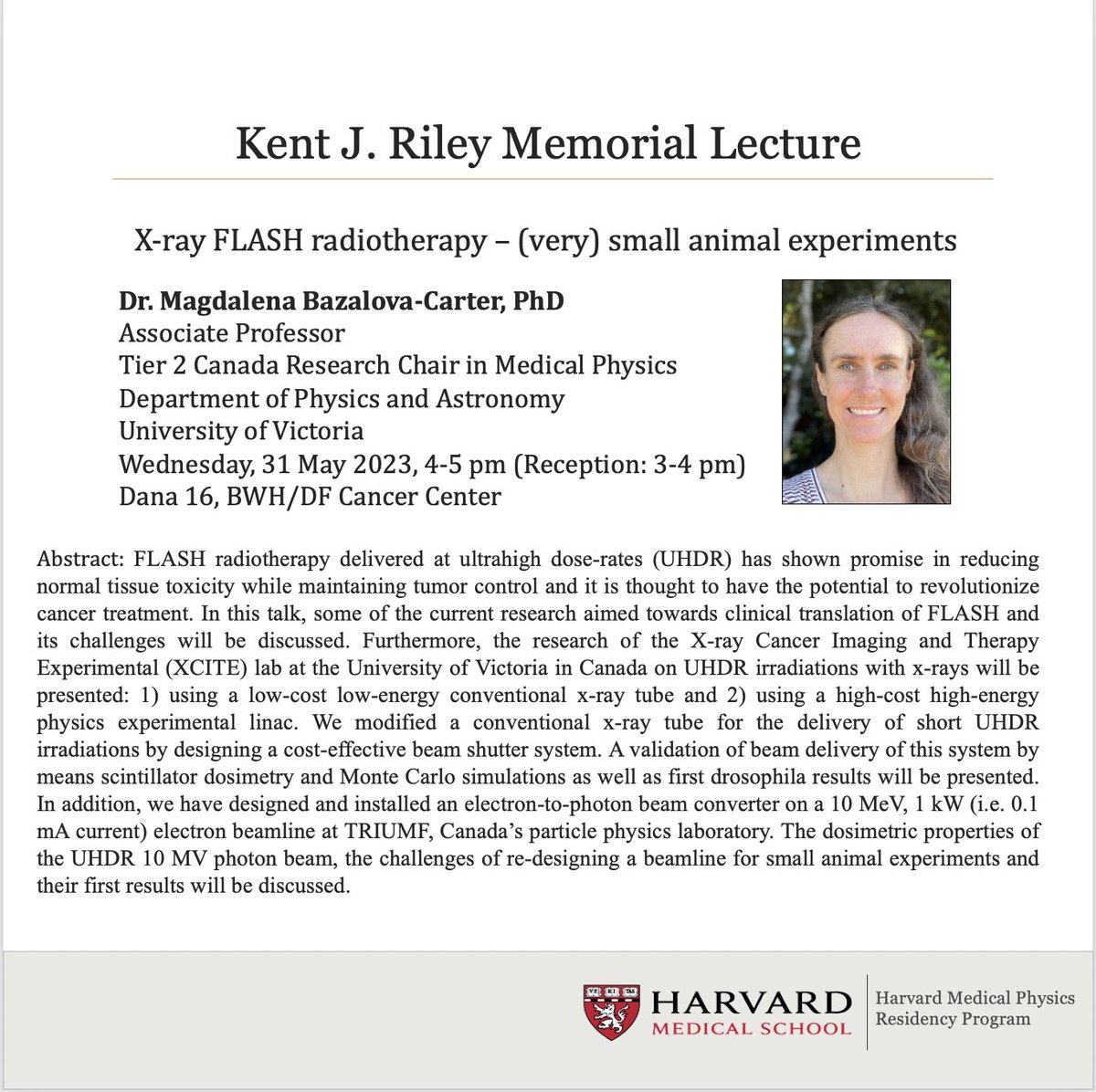 Brian Winey, PhD DABR (@brianmedphys) on Twitter photo We are looking forward to welcoming Dr. Bazalova-Carter to <a href="/HarvardMedPhys/">Harvard Med Phys</a> for the 2023 Kent J. Riley Memorial Lecture. We are looking forward to welcoming Dr. Bazalova-Carter to <a href="/HarvardMedPhys/">Harvard Med Phys</a> for the 2023 Kent J. Riley Memorial Lecture.