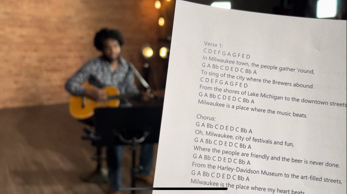 MikeCurkov's tweet photo. AI &amp; MUSIC: Behind the scenes: a look at the original lyrics and music and the recording process behind the smash-hit @CBS58 AI-written single, ‘Oh, #Milwaukee!’ See the whole story: https://t.co/I4cr5zGc5R @cherrypitstudio https://t.co/sK49UYdgUJ