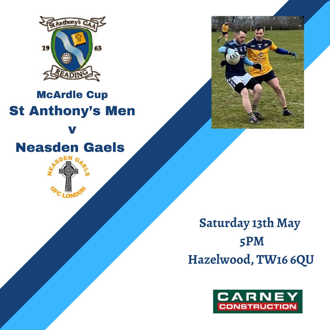 St Anthony's GAA Reading (@stanthonysgaa) on Twitter photo The lads head into South West London on Saturday as they continue their McArdle Cup campaign against <a href="/NeasdenGaels/">Neasden Gaels GFC</a> ! The lads head into South West London on Saturday as they continue their McArdle Cup campaign against <a href="/NeasdenGaels/">Neasden Gaels GFC</a> !