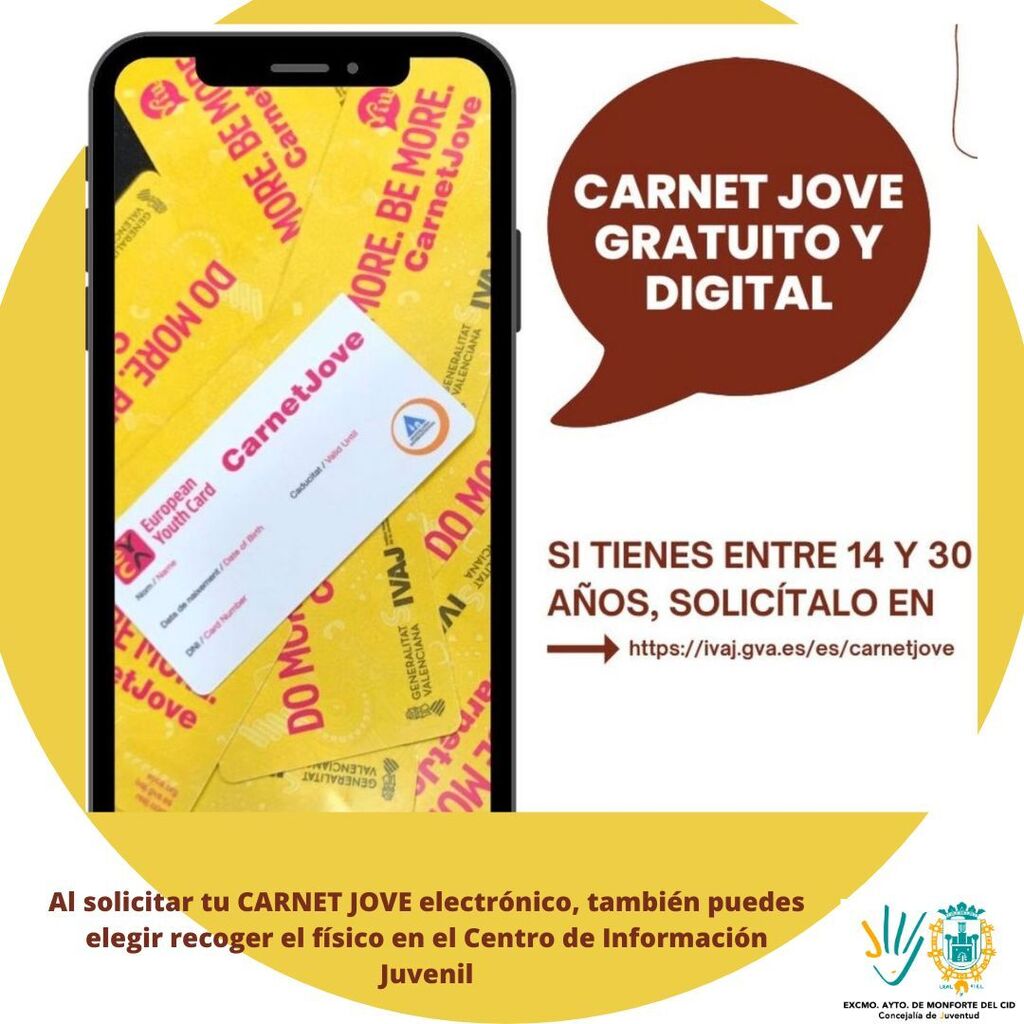 GRATUITO 🆓 Recuerda que puedes obtener tu CARNET JOVE en formato digital 📲
Aprovecha al máximo tu tiempo libre y obtén importantes ventajas y descuentos  en la Comunitat Valenciana, resto de Comunidades Autónomas y Europa.

👉 ift.tt/zkib6Ew… instagr.am/p/CsEqYNAvAjs/