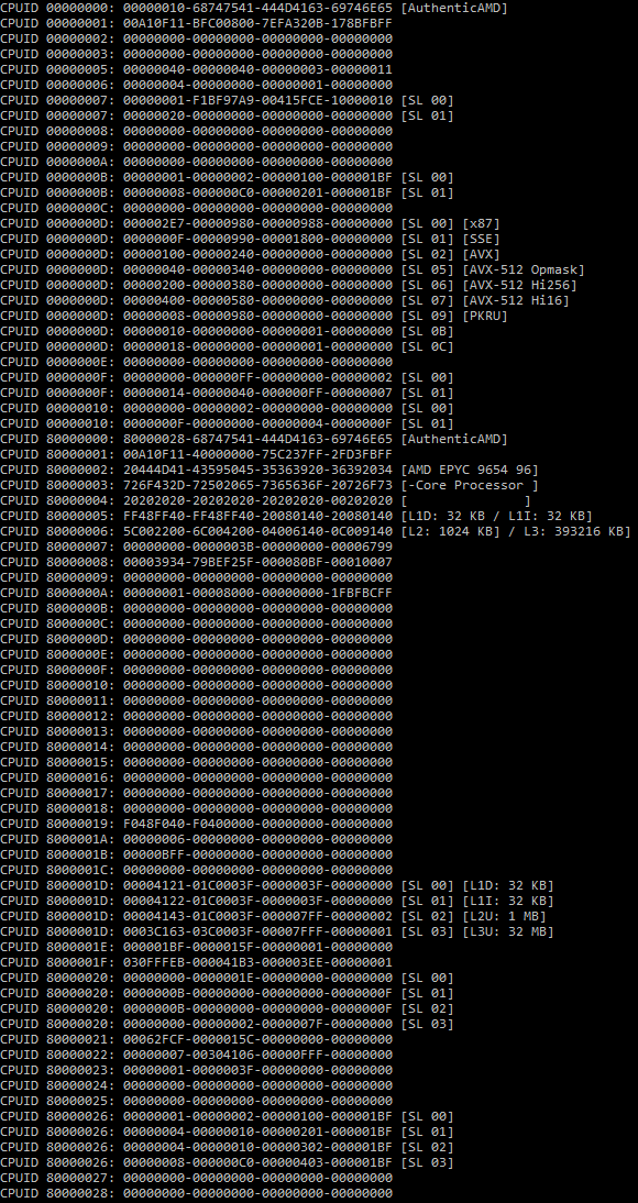 InstLatX64's tweet photo. 2x 96-Core #AMD #EPYC 9654 (Top SKU #Zen4 #Genoa, 384 threads, 2x384MB L3) A10F11 CPUID dump:
https://t.co/i7CQeVcuIy
In my collection the previous thread count record holder was the single-socket 72-Core #Intel #XeonPhi 7290 from 2014, 4xHTT, 288 threads:
https://t.co/C6yESTDe7g https://t.co/zb5zSjONb9