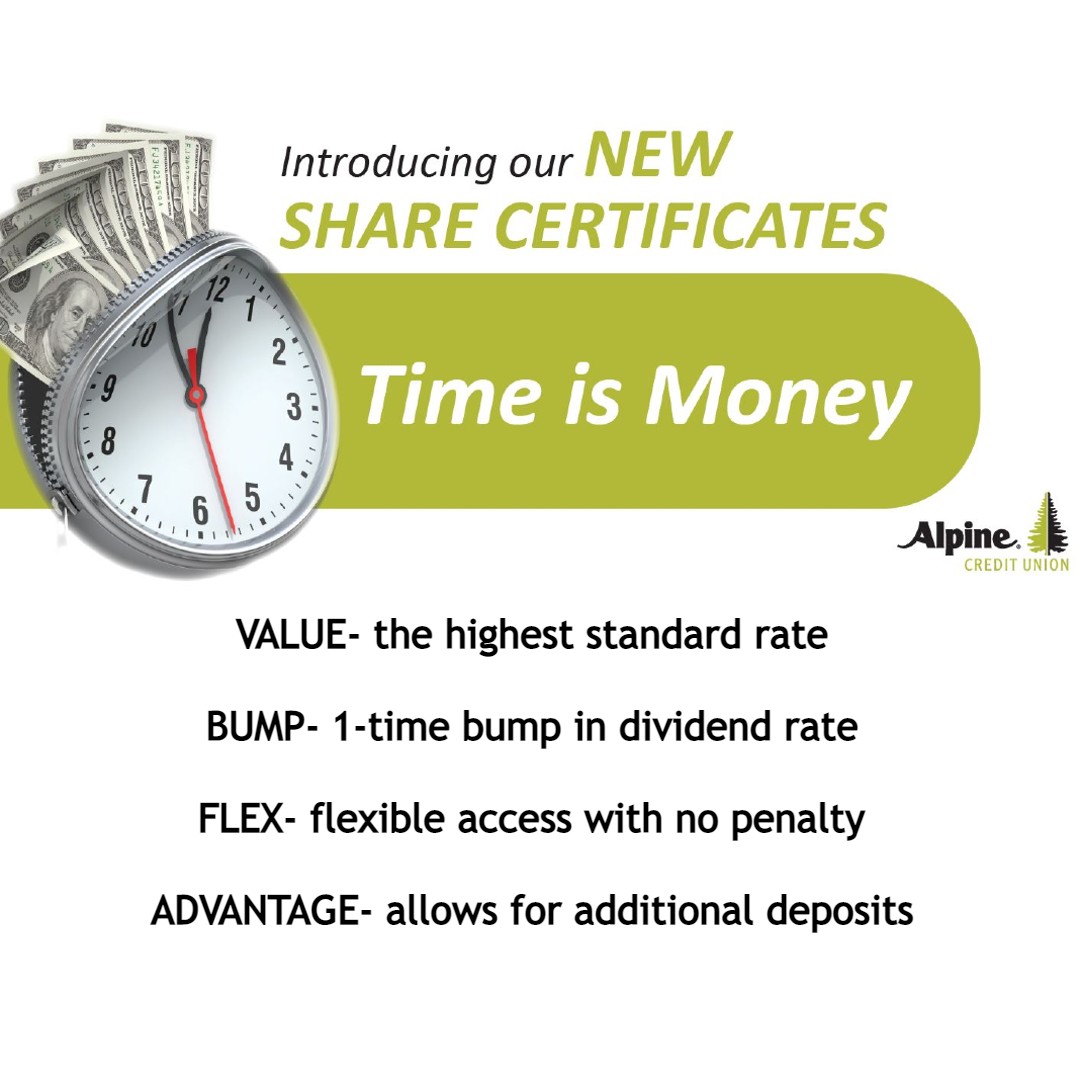 Now is the time to start saving. We can offer you a #certificate option that makes the how, where, and when to invest your money, your choice.
#alpinecu #getstarted #financefriday #sharecertificates #investment #savings #lowrisk #creditunion #utahcounty #finances #timeismoney