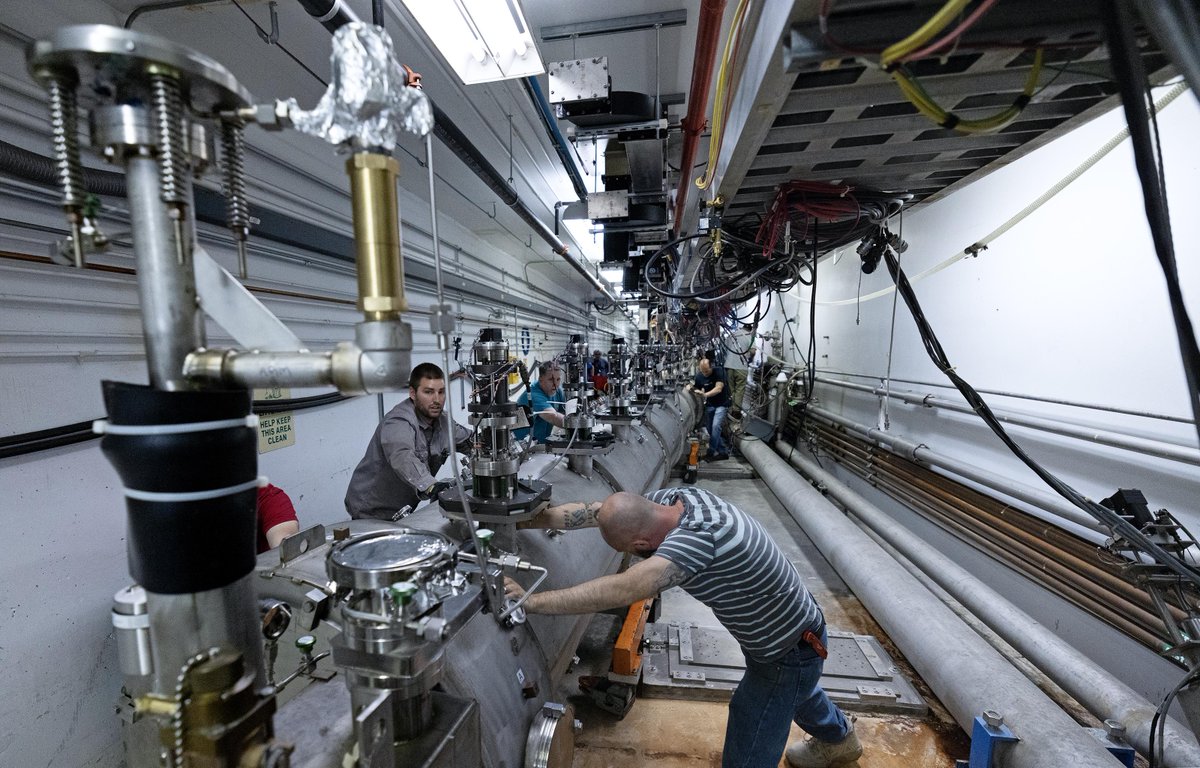 Here's a peek at the industrial side of science: As part of CEBAF's scheduled down period last week, a crew installed a section of particle accelerator, called a cryomodule. There are typically about 50 cryomodules installed in CEBAF at any one time! #WhereTheScienceHappens