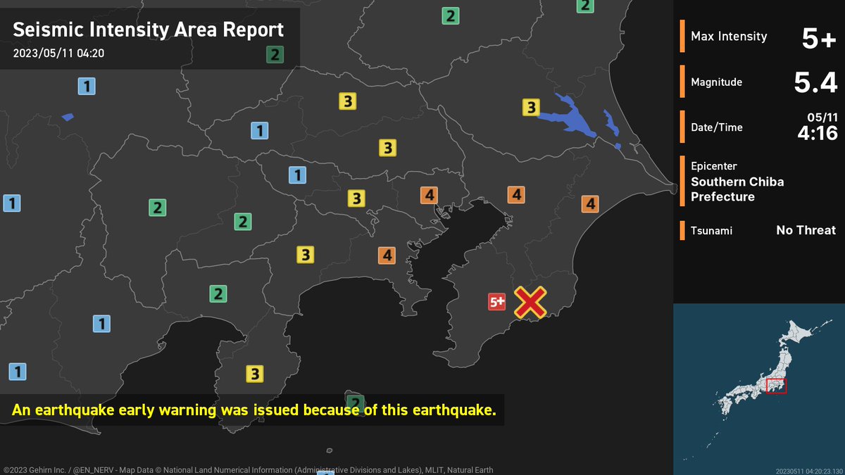 EN_NERV's tweet photo. Earthquake Detailed Report – 5/11
At around 4:16am, an earthquake with a magnitude of 5.4 occurred in Southern Chiba Prefecture at a depth of 40km. The maximum intensity was 5+. There is no threat of a tsunami. #earthquake https://t.co/7U5wBUx4xO