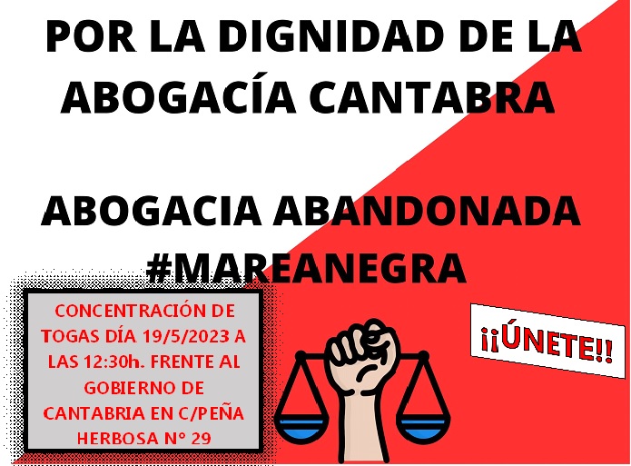 CONCENTRACIÓN DE TOGAS DÍA 19/5/2023 A LAS 12:30h. FRENTE AL GOBIERNO DE CANTABRIA
¡¡ÚNETE!!
#MareaNegra #EsNuestroTurno #turnodeoficiodigno <a href="/Abocantabria/">Marea Negra Cantabria</a> <a href="/abincantabria/">Abogacía Independiente de Cantabria ABINCA</a> <a href="/DEFENDA5/">DEFENDA</a> <a href="/EugenioRibon/">Eugenio Ribón</a> <a href="/AbogaciayTurno/">Plataforma Abogacia y Turno Oficio</a>
