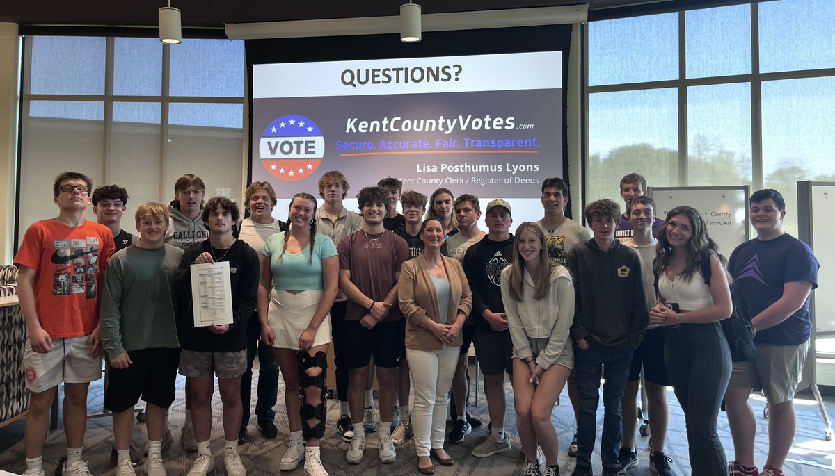 KentCountyClerk's tweet photo. It was so much fun to speak to Jenny Jonkman’s AP Government Class at Caledonia High School, this morning. After learning Elections 101, the students had great questions about voting, campaigns, and the importance of public service. #KentCountyVotes https://t.co/ClLhSS01jN