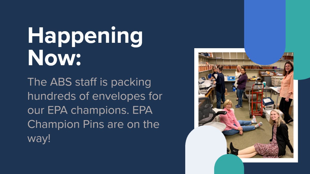 ABS staff at a rare in-person event! Many hands make light work while stuffing the #EPAchampion pins in envelopes to send to our vanguard!