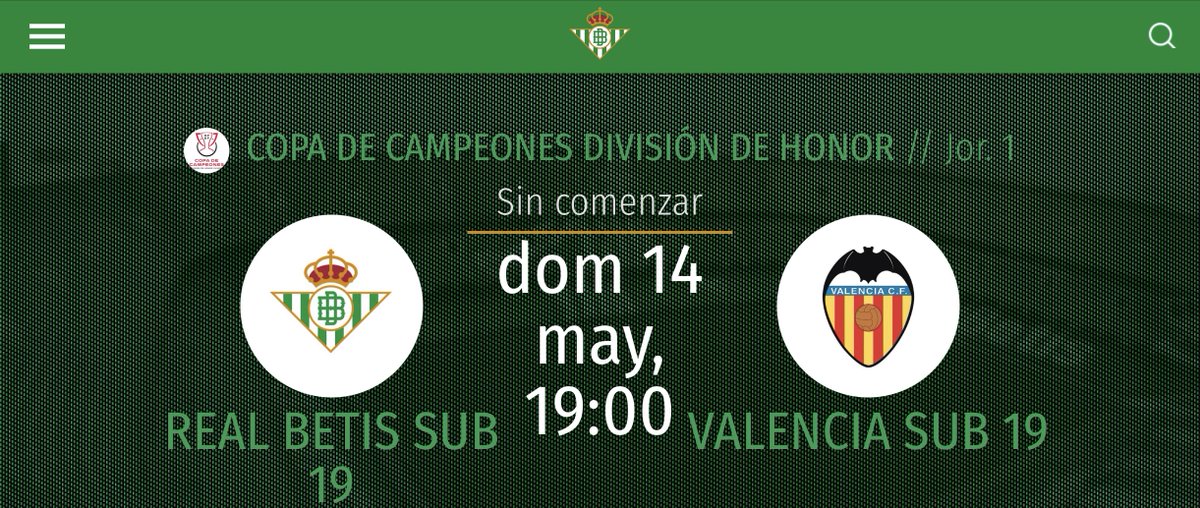 Horario de la vuelta de 1/4 de la #CopaDeCampeones del #VCFjuvenil🅰️:

IDA 1️⃣➖3️⃣

🆚 @RBetisCantera juvenil
📅 Domingo 14-MAY
🕞 19h00
🏟 Ciudad Deportiva Luis del Sol
📺 P. D.

#canteraVCF #JuvenilDH