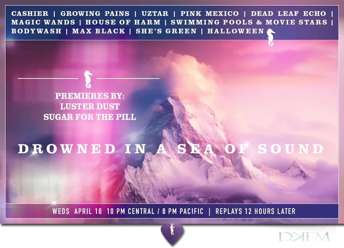TONIGHT on <a href="/decayfm/">decayfm</a> @ 10pm CT/pm PT (replay 12 hrs later)!  A new episode of Drowned in a Sea of Sound with premieres by <a href="/SugarForThePil5/">Sugar For The Pill</a> &amp; Luster Dust 💜 Tune in 1 hour early for a new episode of <a href="/whenthesunhits/">When The Sun Hits</a> ❤️‍🔥