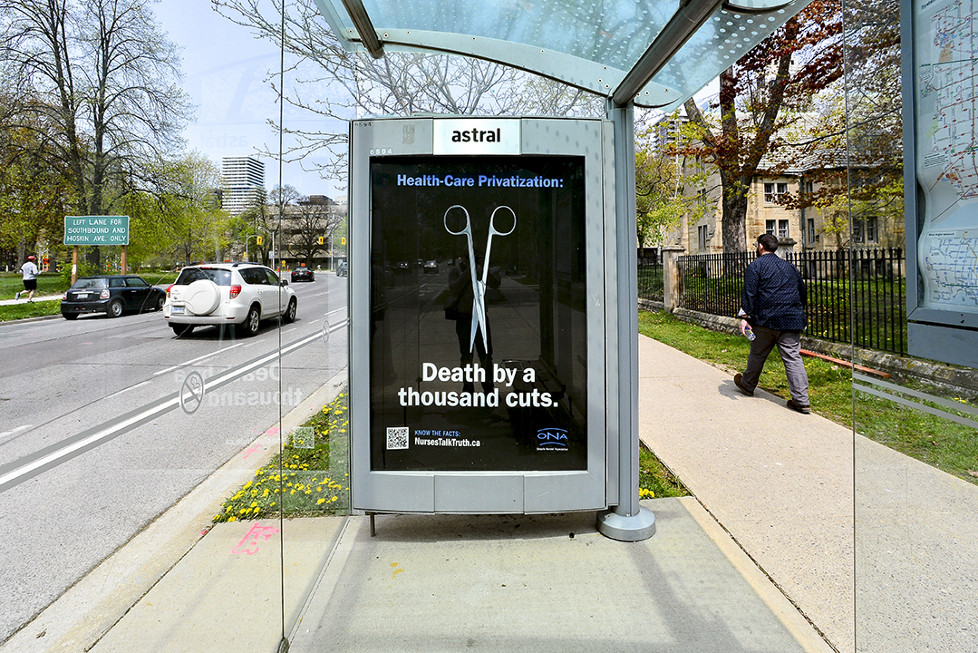 ontarionurses's tweet photo. Just in time for #NursingWeek2023, we’ve ringed Queen’s Park in advertisements to call out @FordNation continued assault on Ontario’s public health-care system. 

Tell Ford that you’ve had enough of his gambling with your health care: https://t.co/4HUV0eT9S1
#onpoli #onhealth https://t.co/GFBR3CEjTK