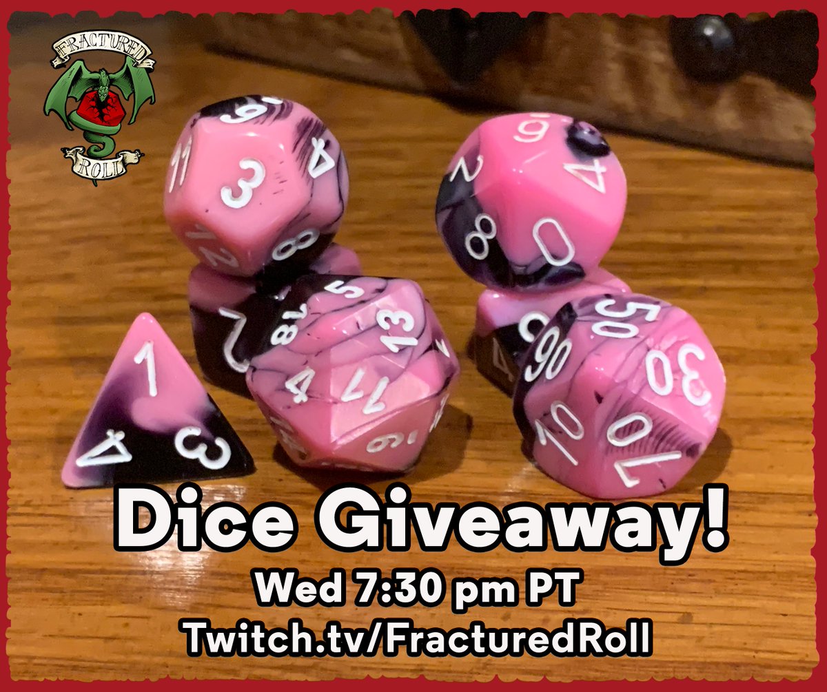 DICE GIVEAWAY!
Tonight during our campaign's Final Session, someone will win these delicious #dice! Will it be you??....
❤️Like and RT this for an entry!
Then come watch at 7:30 pm PT, Wednesday.
twitch.tv/FracturedRoll
🐉
#dnd5e #dungeonsanddragons #ttrpg #Giveaway