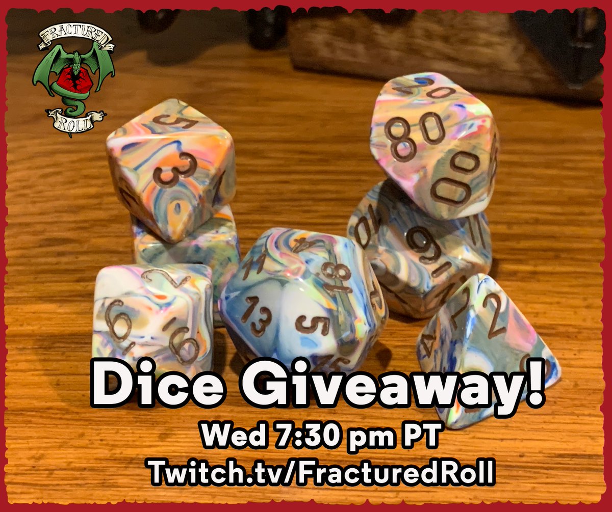 DICE GIVEAWAY!
Tonight during our campaign's Final Session, someone will win these! Will it be you??....
❤️Like and RT this for an entry!
Then come watch at 7:30 pm PT, Wednesday.
twitch.tv/FracturedRoll
🐉
#dnd5e #dungeonsanddragons #ttrpg #Giveaway