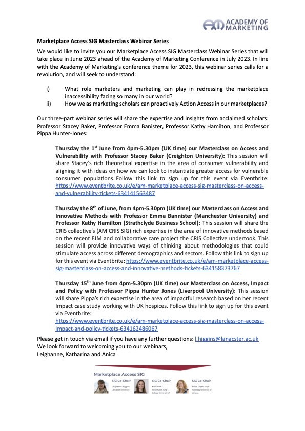 Excited to announce our forthcoming <a href="/MarketAccessSIG/">MarketplaceAccessSIG</a> webinar series taking place throughout June. With masterclasses from Stacey Baker, Pippa Hunter-Jones, <a href="/KathyLHamilton/">Kathy Hamilton</a> and <a href="/EmBanis/">Emma Banister 💙</a> come along to discuss all things #marketplaceaccess Registration details in tweet below!👇