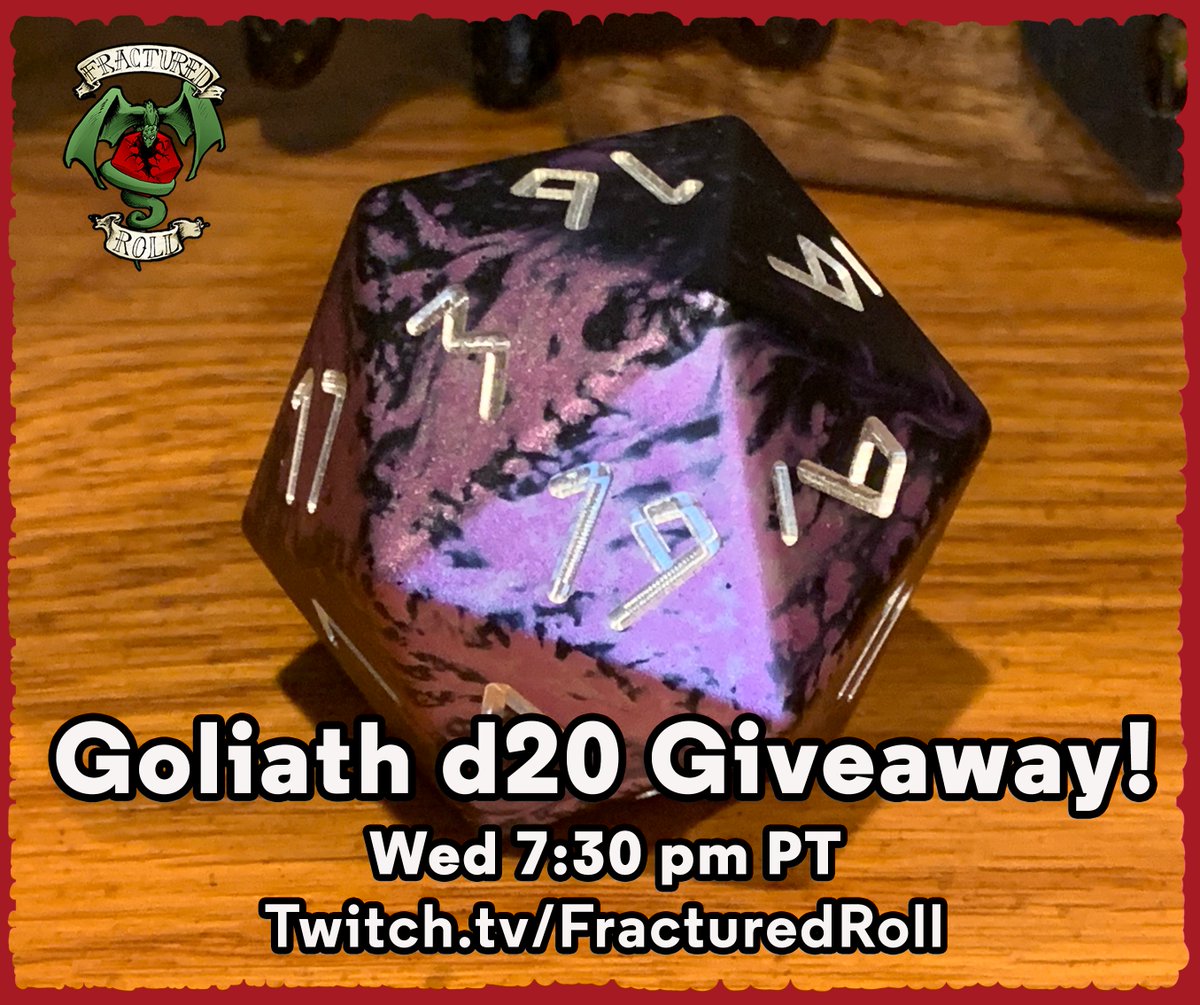 METAL GOLIATH d20 GIVEAWAY!
Tonight during our campaign's Final Session, someone will win this beast of a #d20! Will it be you??....
❤️Like and RT this for an entry!
Then come watch at 7:30 pm PT, Wednesday.
twitch.tv/FracturedRoll
🐉
#dnd5e #dungeonsanddragons #ttrpg #Giveaway