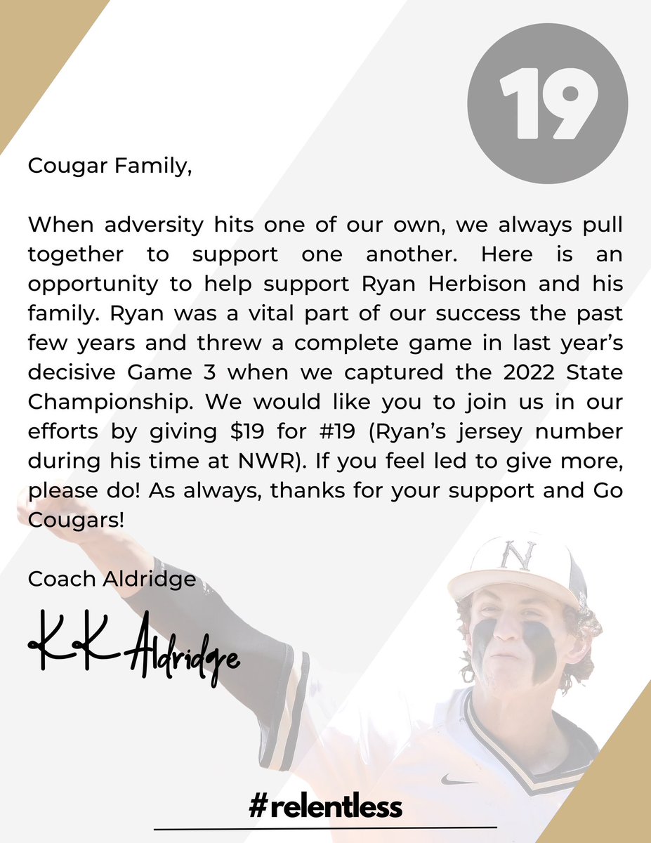 NWR_BASEBALL's tweet image. Cougar family,

A message from our Head Coach, KK Aldridge:

Link to donate: bit.ly/44IOTBf