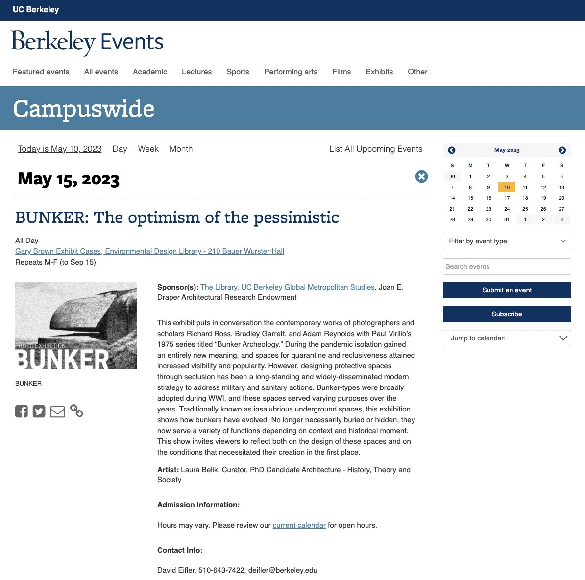 Laura Belik (@laurabelik) on Twitter photo "BUNKER: The optimism of the pessimistic"-- a photo exhibition I have curated is about to open at <a href="/ced_berkeley/">UC Berkeley College of Environmental Design</a> on May 15th!
Special thanks to the sponsors: The Joan E. Draper Architectural Research Endowment, <a href="/gmsberkeley/">Global Metropolitan Studies, UC Berkeley</a>, and the Environmental Design Library. "BUNKER: The optimism of the pessimistic"-- a photo exhibition I have curated is about to open at <a href="/ced_berkeley/">UC Berkeley College of Environmental Design</a> on May 15th!
Special thanks to the sponsors: The Joan E. Draper Architectural Research Endowment, <a href="/gmsberkeley/">Global Metropolitan Studies, UC Berkeley</a>, and the Environmental Design Library.