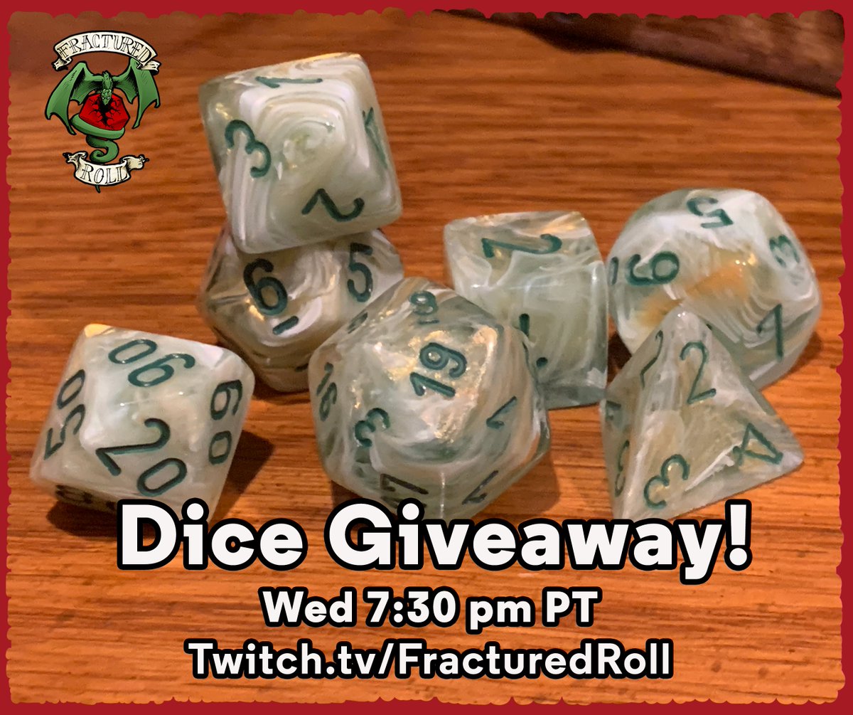 DICE GIVEAWAY TONIGHT!
It's our campaign's Final Session, so we're giving away a ton of #dice, including these! Will you win them??...
❤️Like and RT for an entry!
Then come watch at 7:30 pm PT, Wednesday.
twitch.tv/FracturedRoll
🐉
#dnd5e #dungeonsanddragons #ttrpg #Giveaway